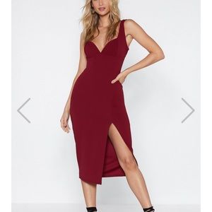 Burgundy Red Formal Midi Bodycon Dress with Slit